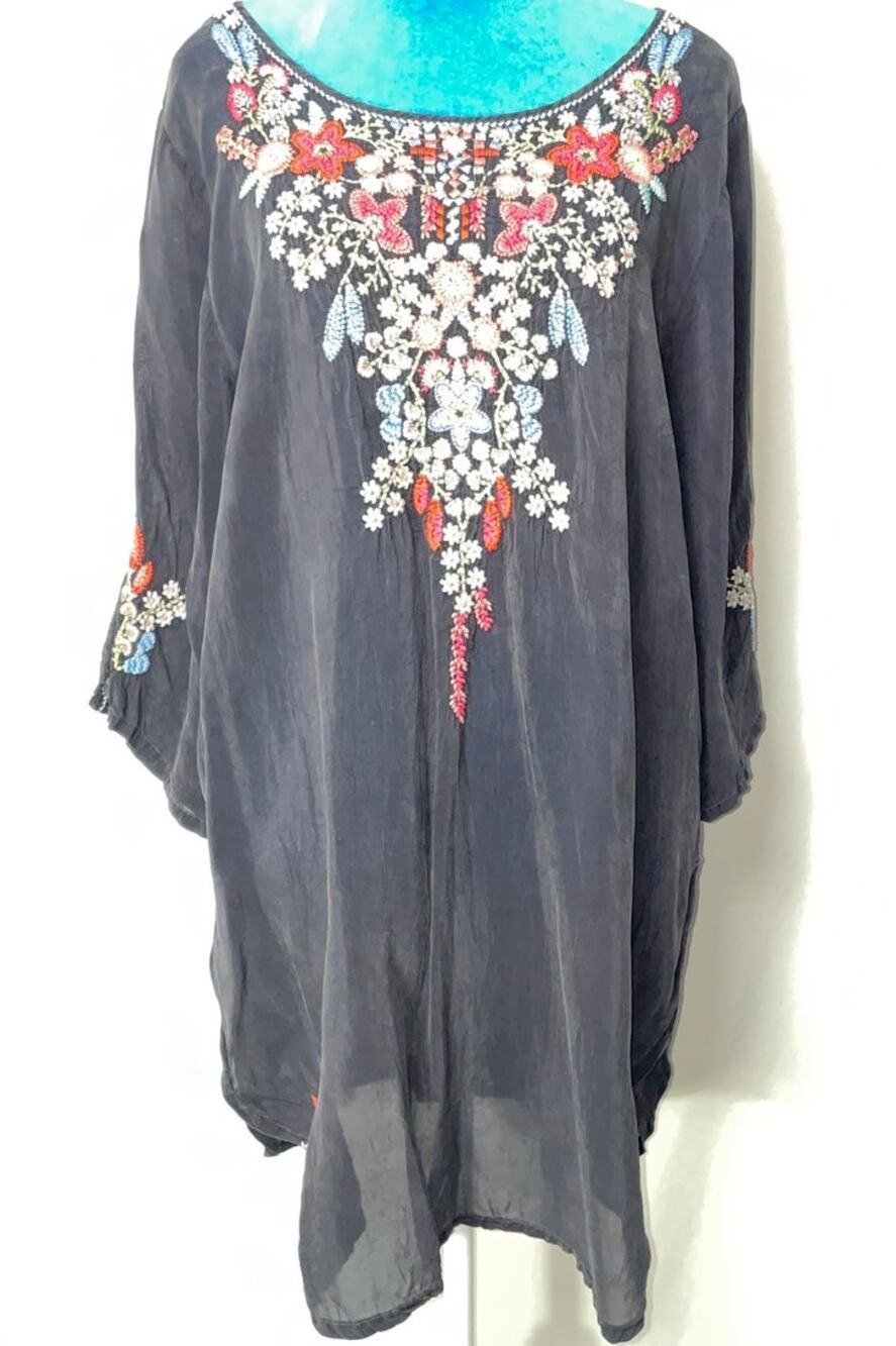 Johnny Was Embroidered Georgette Tunic Blouse in Charcoal - Women's Size M